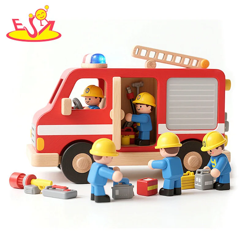 Interactive Wooden Emergency Vehicle Set - Police Car, Fire Truck & Ambulance with Realistic for Toddlers W04A682